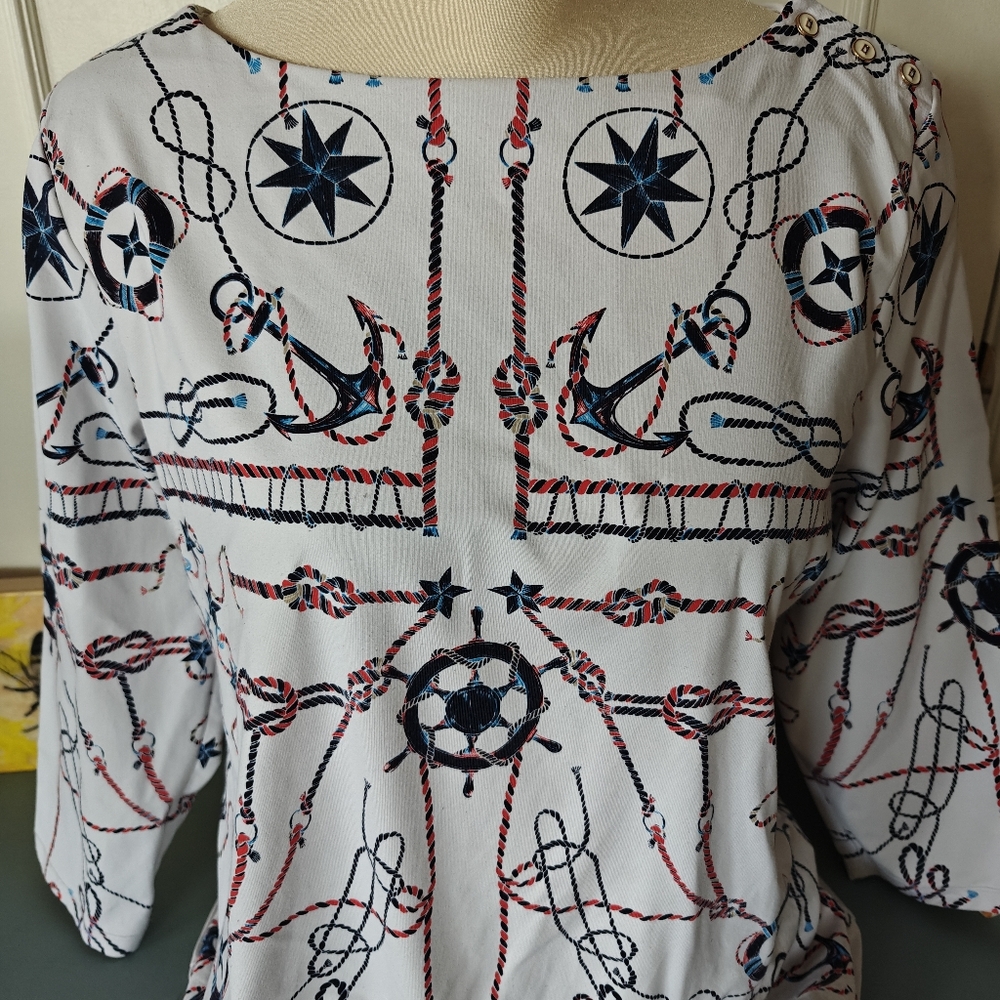 Nautical Printed Boat-Neck Top - size Lg - relax fit, anchor, compass, beach